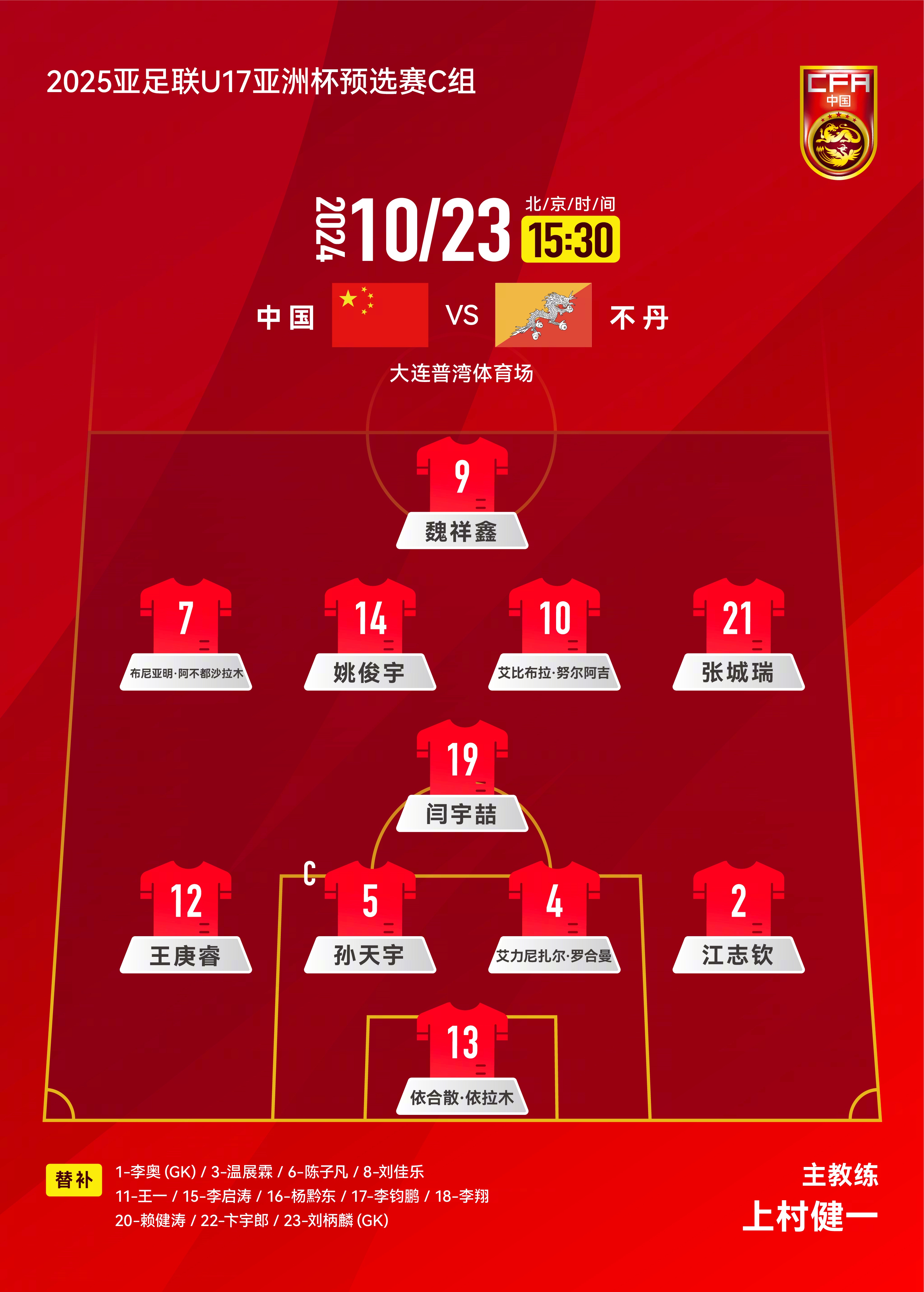 U16国足在亚足联U17亚洲杯预选赛C组6-0击败不丹，